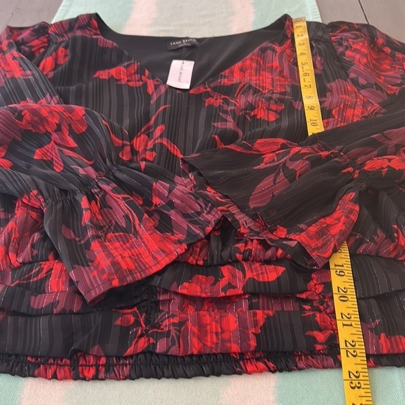 Lane Bryant Floral Metallic Threading Top Black Red Smocked Waist V-Neck NWT - Picture 12 of 13